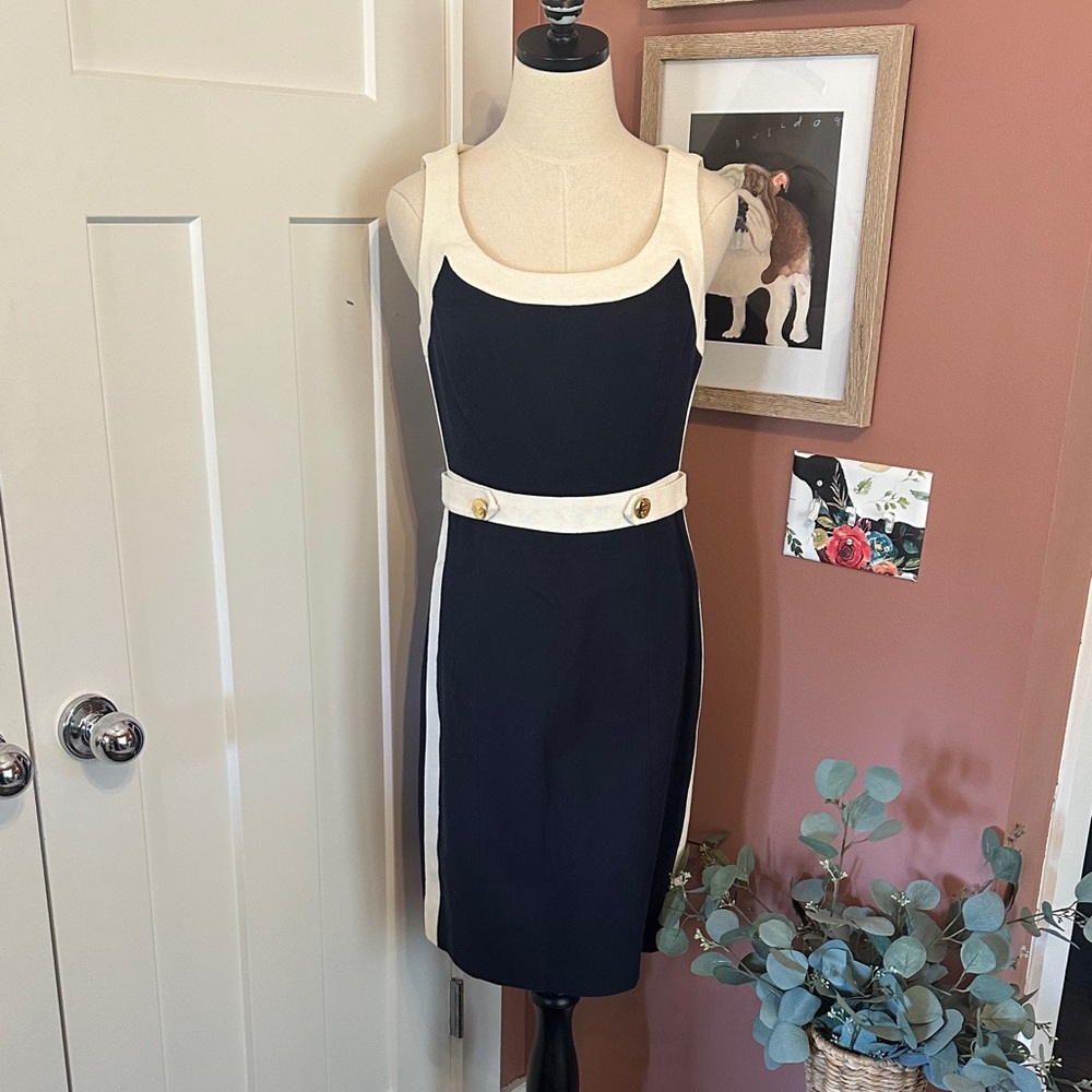 Lauren Ralph Lauren nautical navy blue/cream gold emblem button 4 lined dress